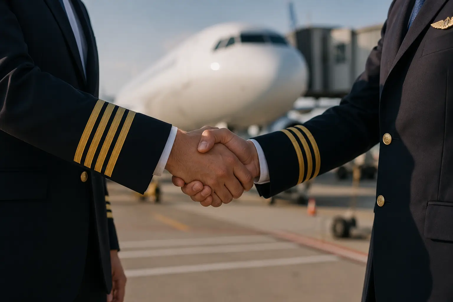 Two pilots shaking hands in front of an aircraft.