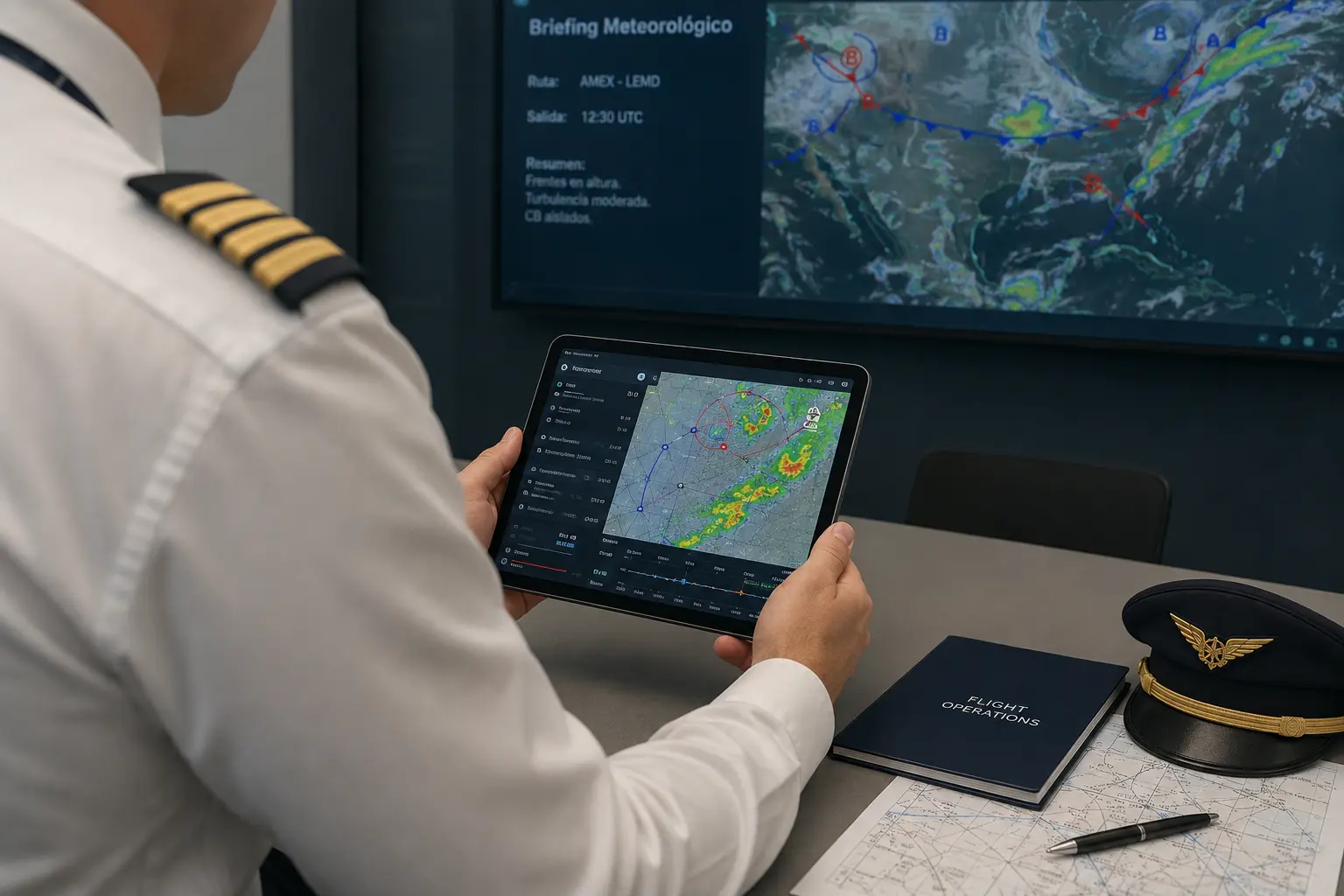 Pilot checking the weather on a tablet in the briefing room.